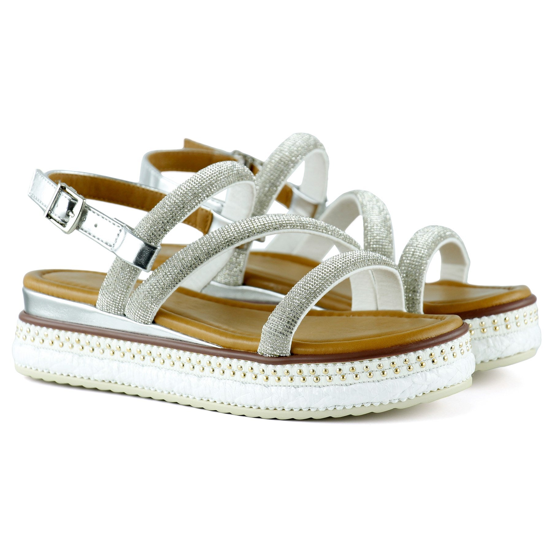 [7027] Gümüş Üç Bant Taşlı İnci Detaylı Zikzak Örgülü Platform Sandalet