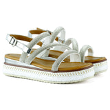 [7027] Gümüş Üç Bant Taşlı İnci Detaylı Zikzak Örgülü Platform Sandalet