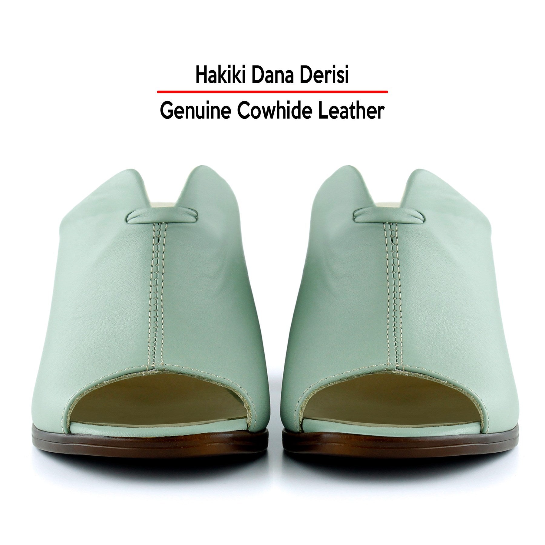 Valery Yeşil Hakiki Dana Derisi Önü Açık Kalın Topuklu Terlik