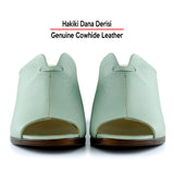 Valery Yeşil Hakiki Dana Derisi Önü Açık Kalın Topuklu Terlik