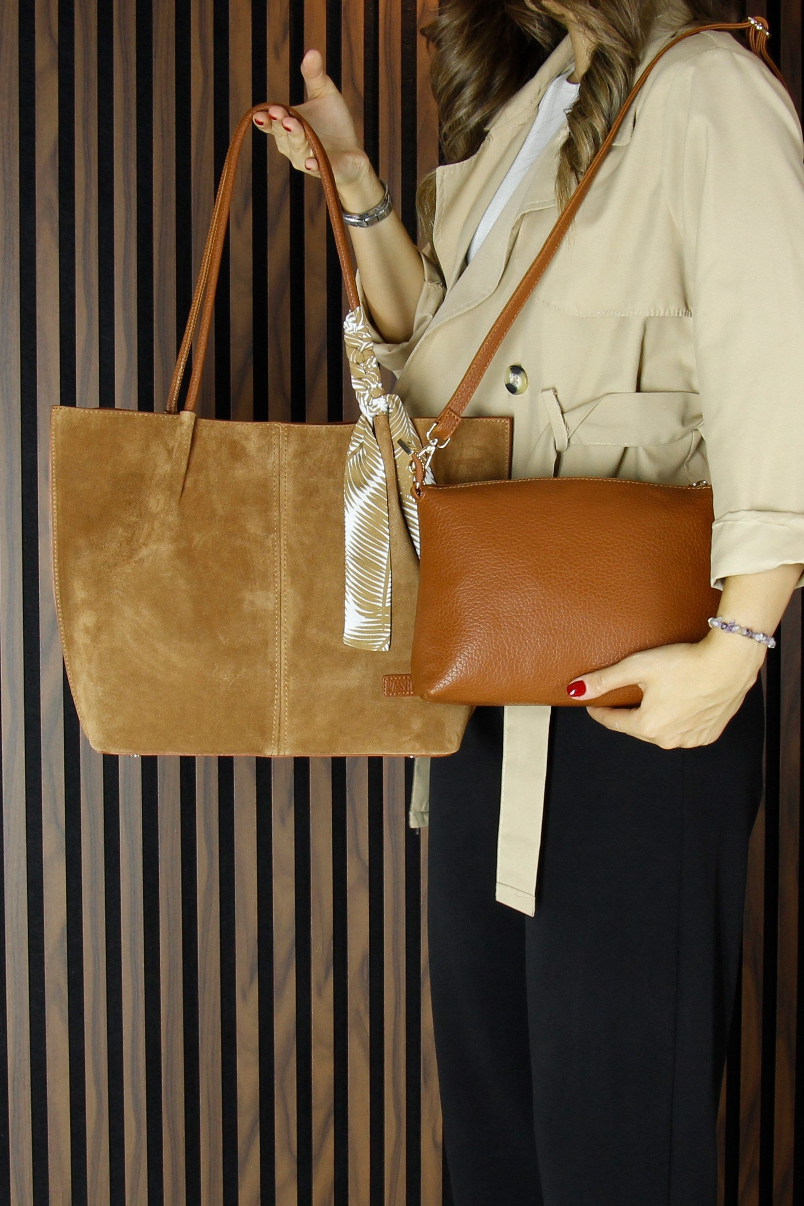 (VSN3093OC) Taba Hakiki Dana Süet Manyetik Kapaklı Büyük Boy Günlük Omuz Çantası ve Askılı El Çantası