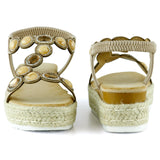 [7022] Bej Kristal Taşlı Elastik Bantlı Zikzak Örgü Jüt Platform Topuklu Sandalet