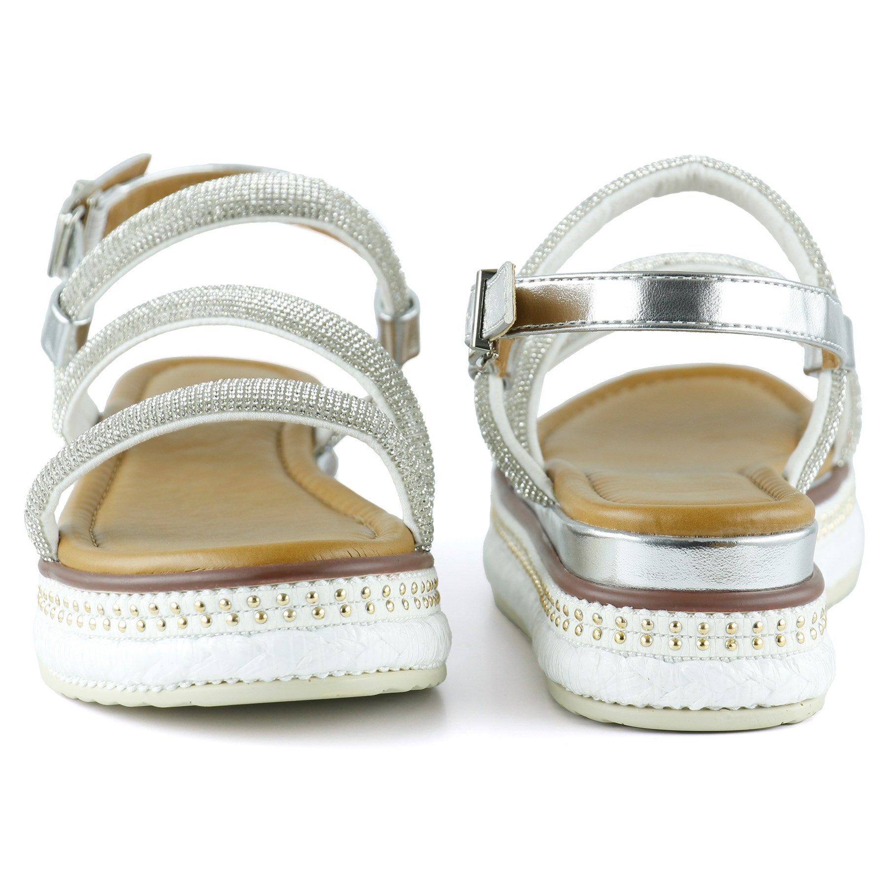 [7027] Gümüş Üç Bant Taşlı İnci Detaylı Zikzak Örgülü Platform Sandalet