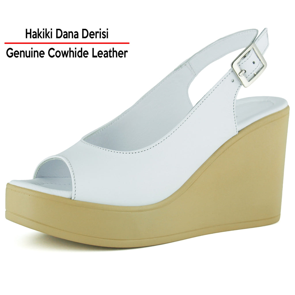Mathilda Beyaz Hakiki Dana Derisi Dolgu Topuklu Slingback Sandalet