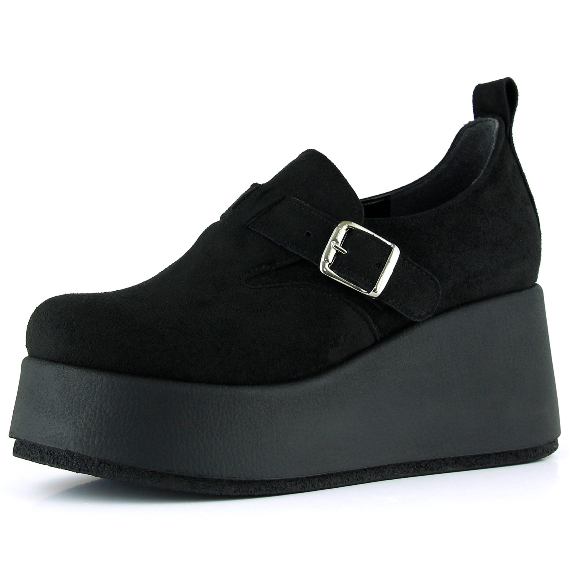 Miyuki Siyah Süet Yuvarlak Burun Lastik Bantlı Dolgu Topuklu Günlük Ayakkabı