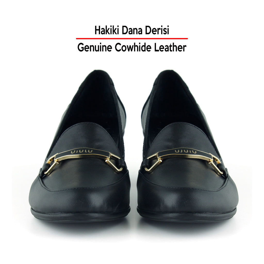 Harriet Siyah Hakiki Dana Derisi Tokalı Yuvarlak Burun Kalın Topuklu Loafer Ayakkabı