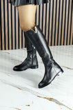 [MAX 425] Siyah Hakiki Dana Derisi Metal Aksesuarlı Fermuarlı Yuvarlak Burun Kalın Topuklu Çizme