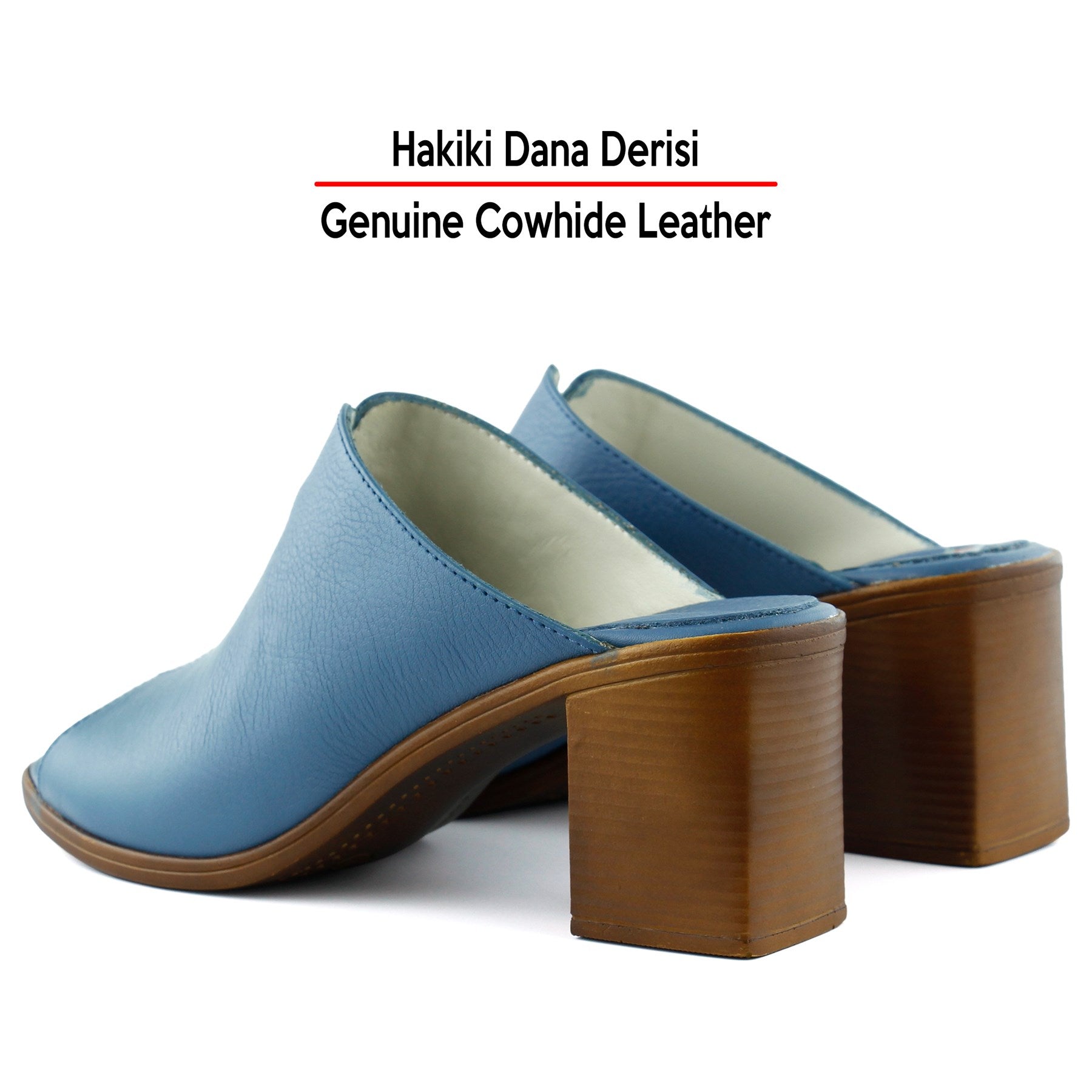 Valery Mavi Hakiki Dana Derisi Önü Açık Kalın Topuklu Terlik