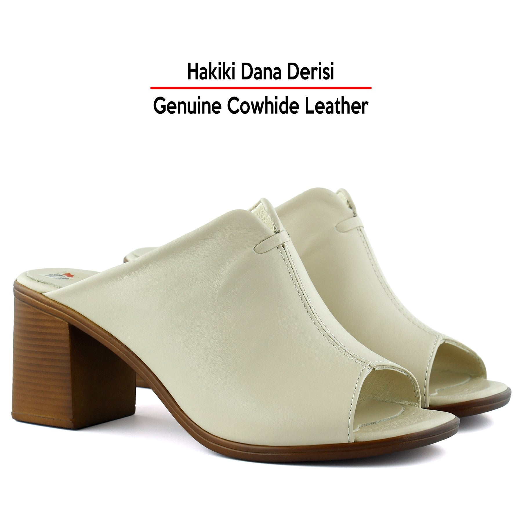 Valery Bej Hakiki Dana Derisi Önü Açık Kalın Topuklu Terlik