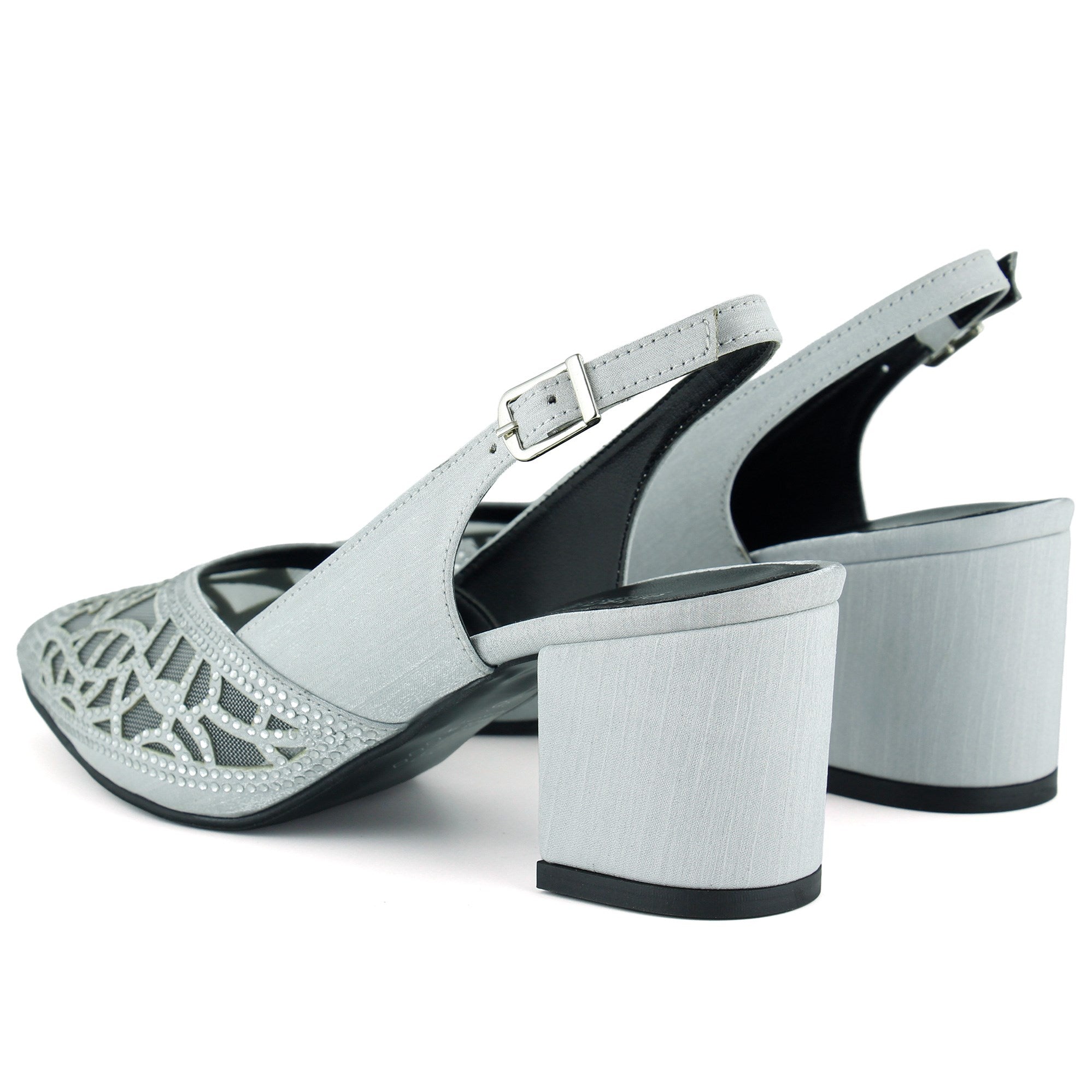 Estelle Gümüş Saten Taşlı Fileli Sivri Burun Kalın Topuklu Arkası Açık Abiye Ayakkabı