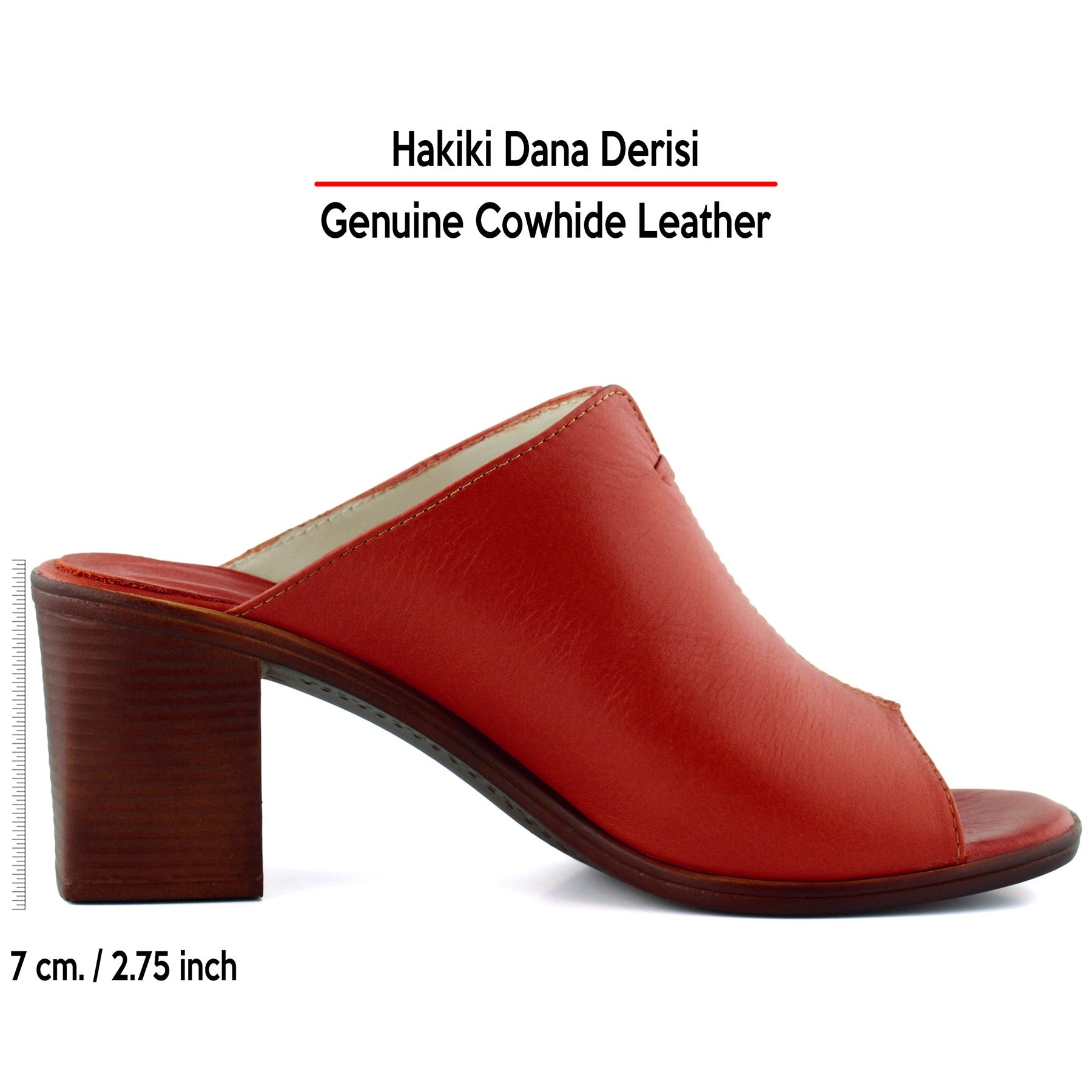 Valery Kırmızı Hakiki Dana Derisi Önü Açık Kalın Topuklu Terlik