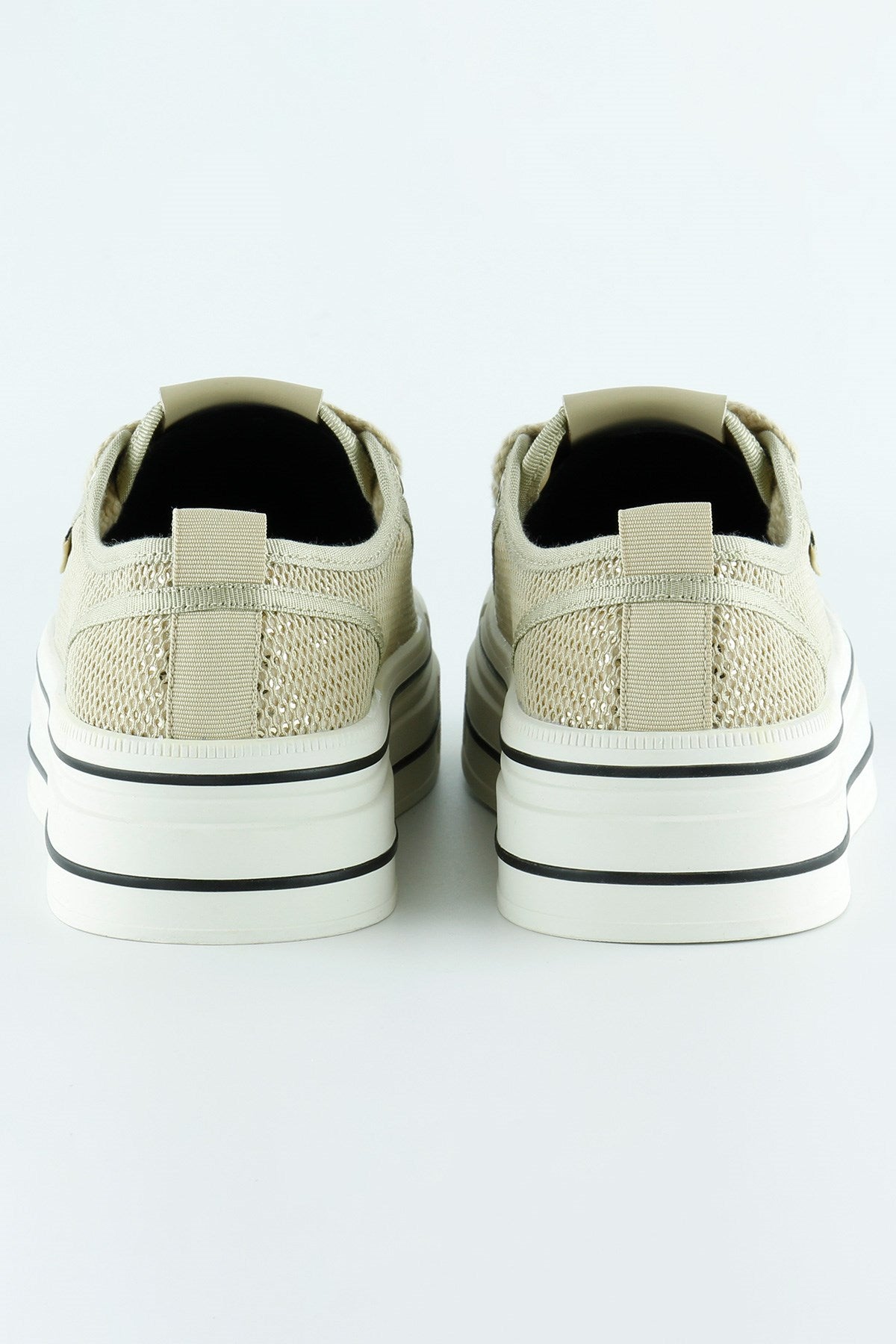 [5025] Bej Yüksek Taban Spor Fileli Taşlı Bağcıklı Platform Sneaker