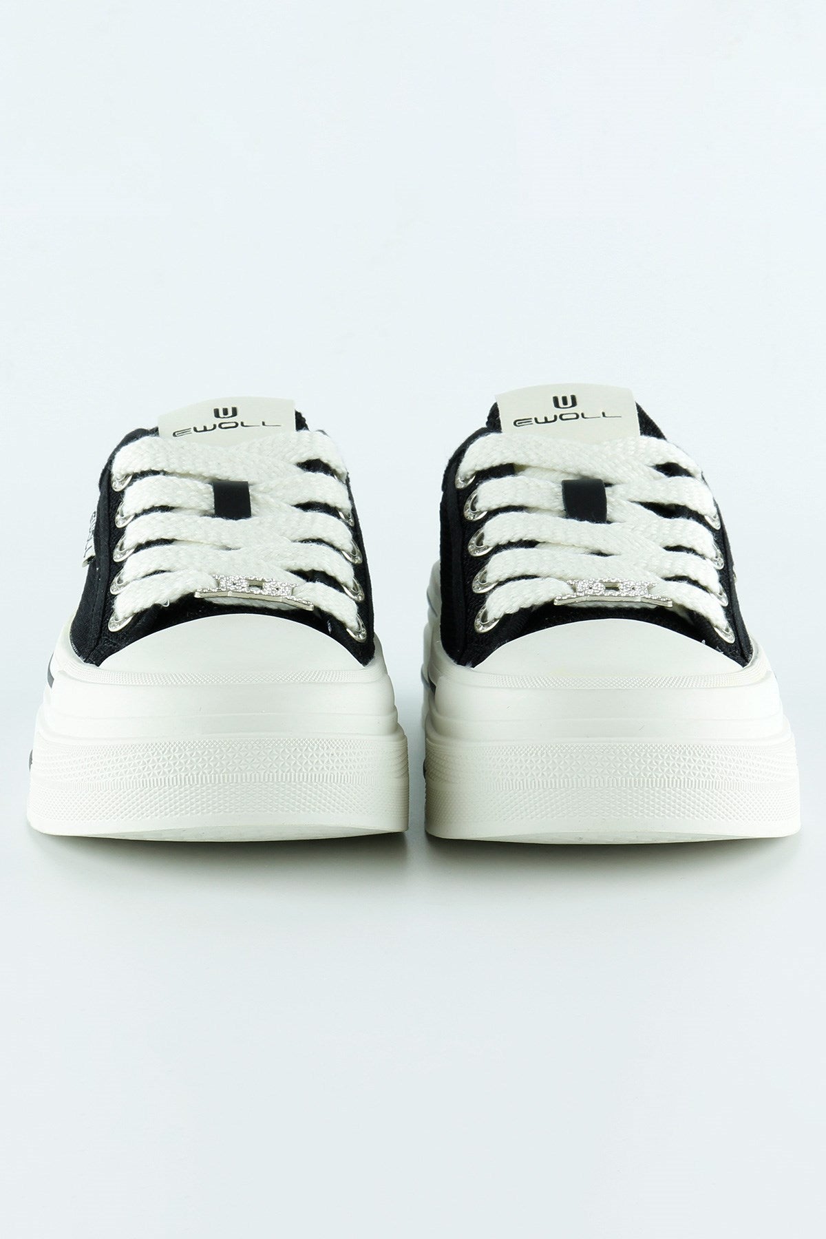[5025] Siyah Beyaz Yüksek Taban Spor Fileli Taşlı Bağcıklı Platform Sneaker