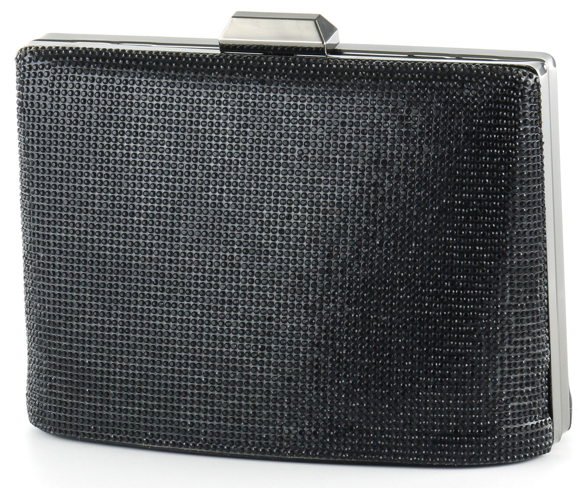 Siyah Saten Kristal Taşlı Metal Saplı Zincir Askılı Abiye Çanta ( ES0011AC )