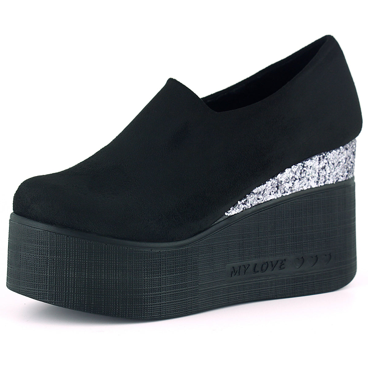 Lumi Siyah Süet Yuvarlak Burun Taşlı Gizli Dolgu Topuklu Günlük Ayakkabı