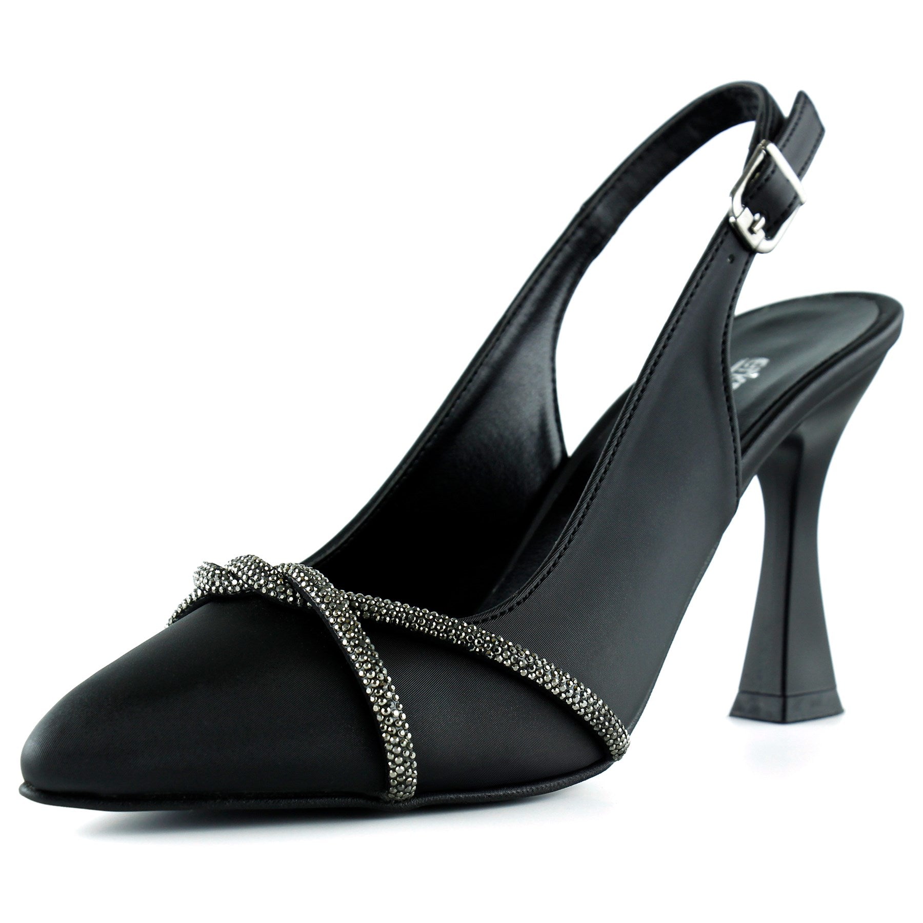 Raphtalia Plus Siyah Saten Burma Taşlı İnce Topuklu Arkası Açık Abiye Ayakkabı