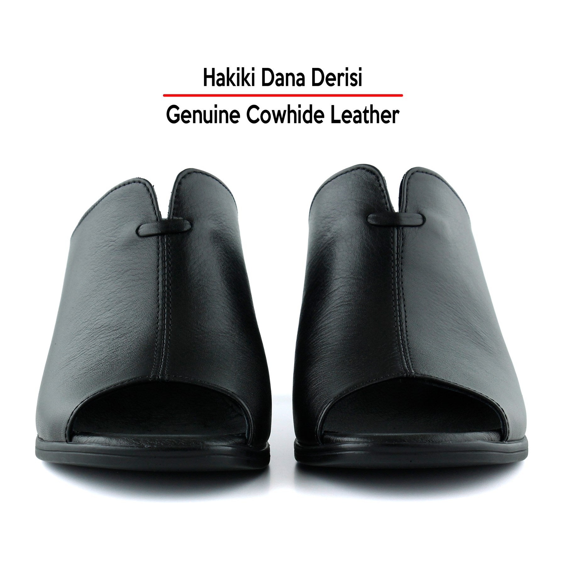 Valery Siyah Hakiki Dana Derisi Önü Açık Kalın Topuklu Terlik