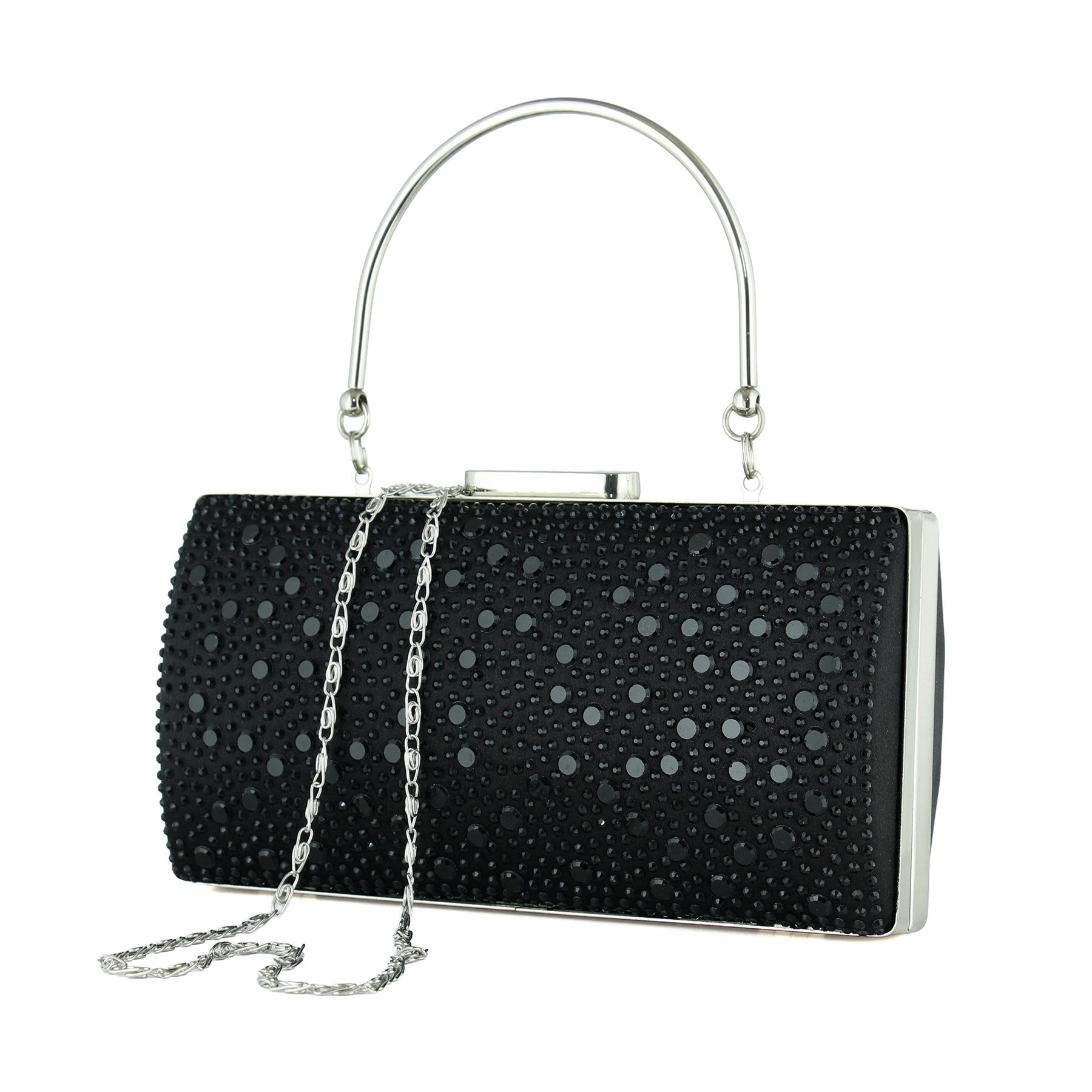 (ES0022AC) Siyah Saten Damla Kristal Taşlı Metal Saplı Zincirli Abiye El Çantası