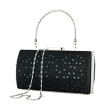 (ES0022AC) Siyah Saten Damla Kristal Taşlı Metal Saplı Zincirli Abiye El Çantası