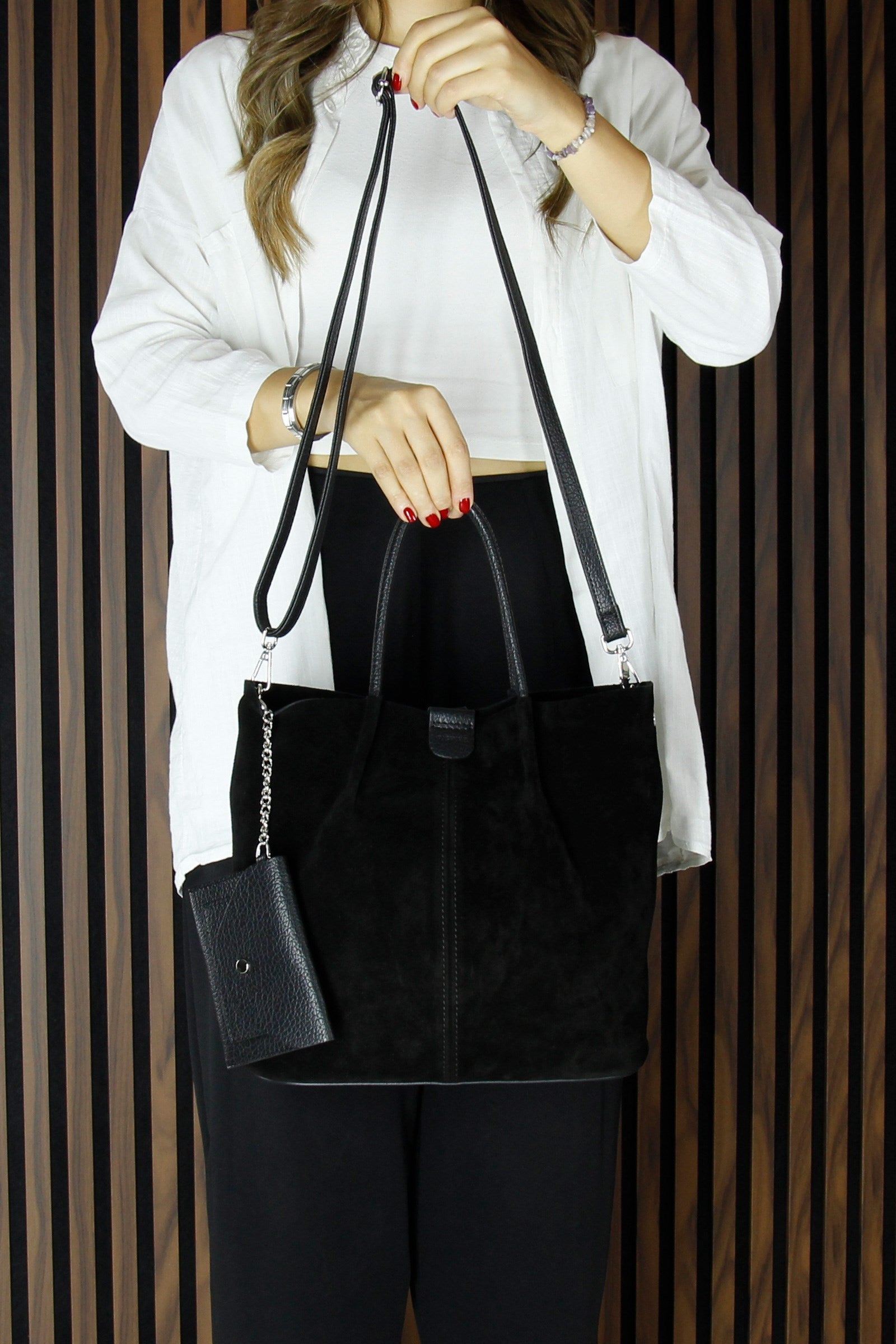 (VSN5010OC) Siyah Hakiki Dana Süet Manyetik Kapaklı İç Cepli Askılı Günlük Büyük Boy Omuz Çantası ve Cüzdanı