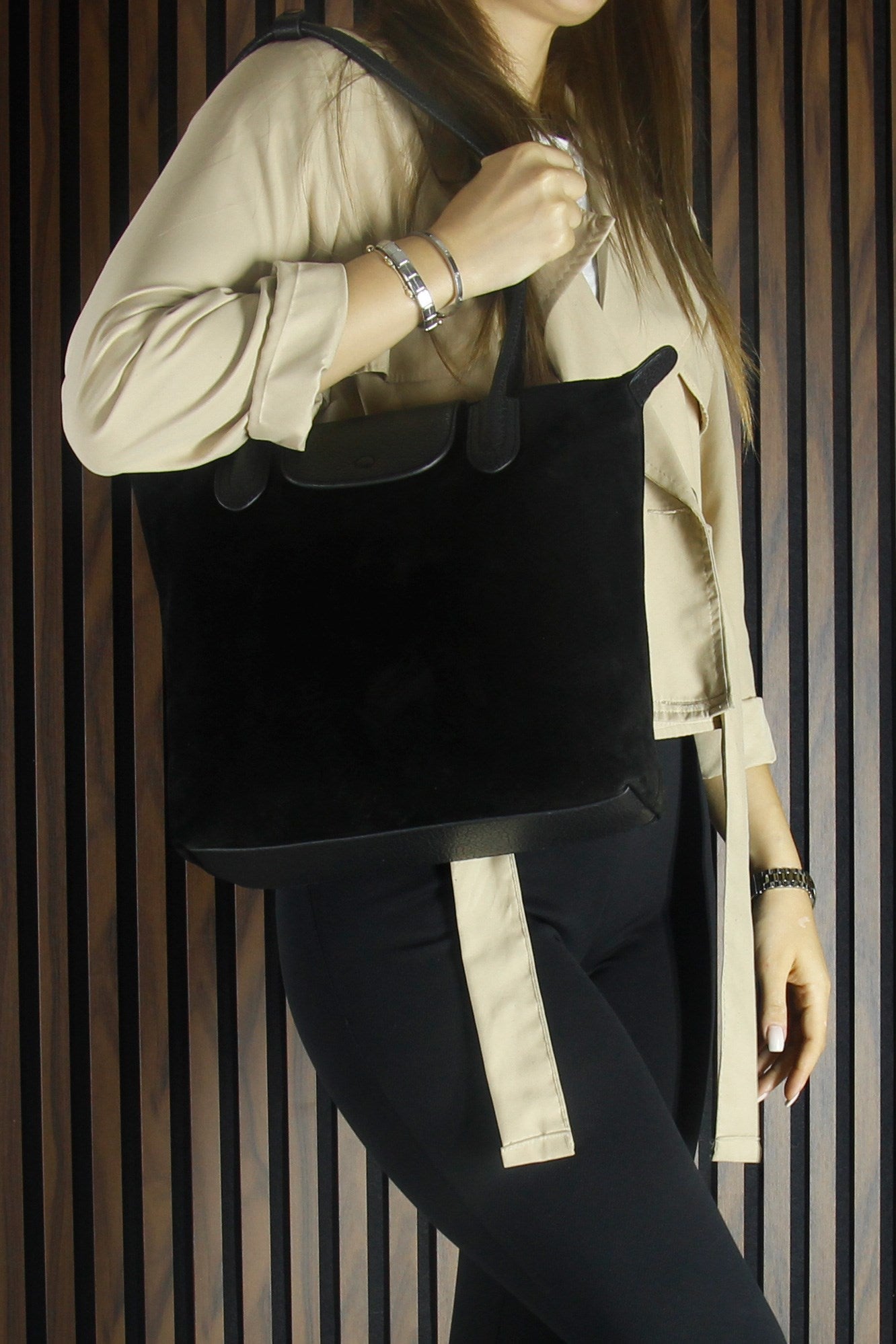 (VSN5017OC) Siyah Hakiki Dana Süet Fermuarlı Manyetik Kapaklı Büyük Boy Günlük Omuz Çantası