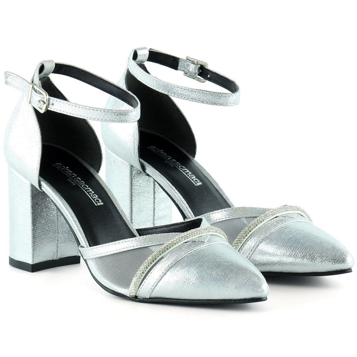 Molly Lame Taşlı Fileli Kalın Topuklu Ayakkabı