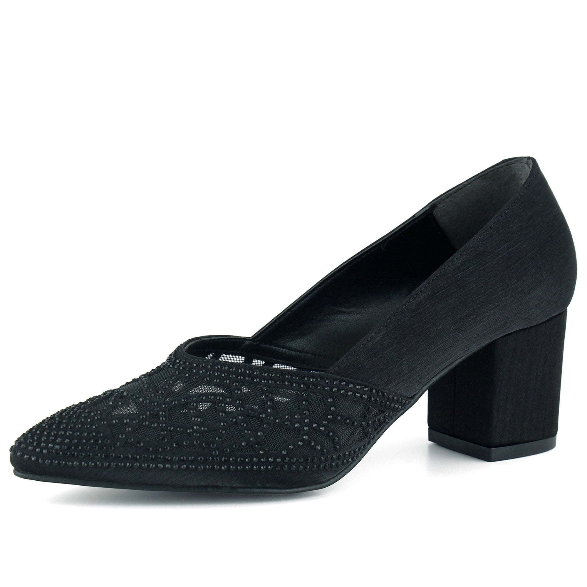 Patricia Siyah Saten Taşlı Fileli Sivri Burun Kalın Topuklu Abiye Ayakkabı