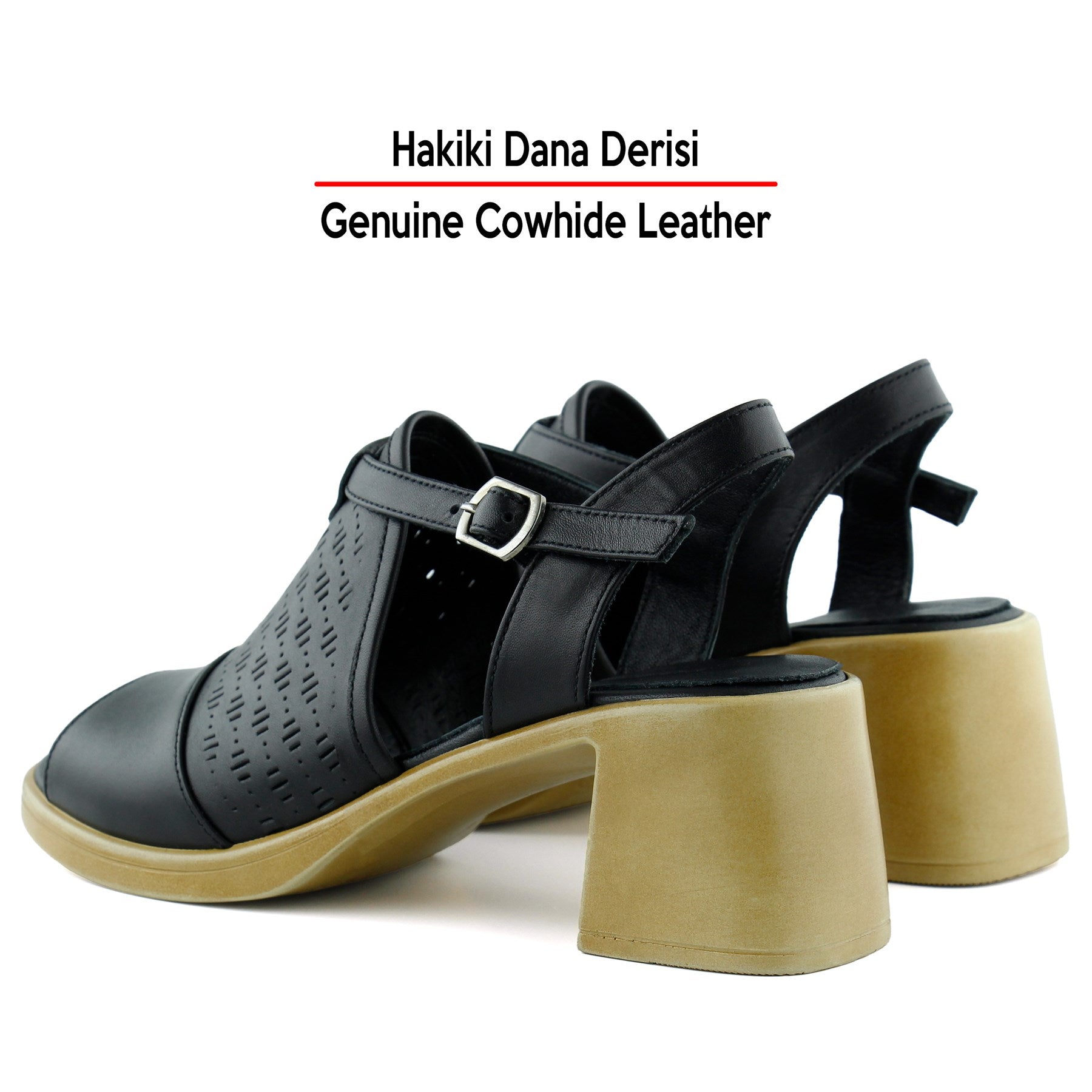 Amanda Siyah Hakiki Dana Derisi Kesik Detaylı Ayarlanabilir Tokalı Kalın Topuklu Günlük Sandalet