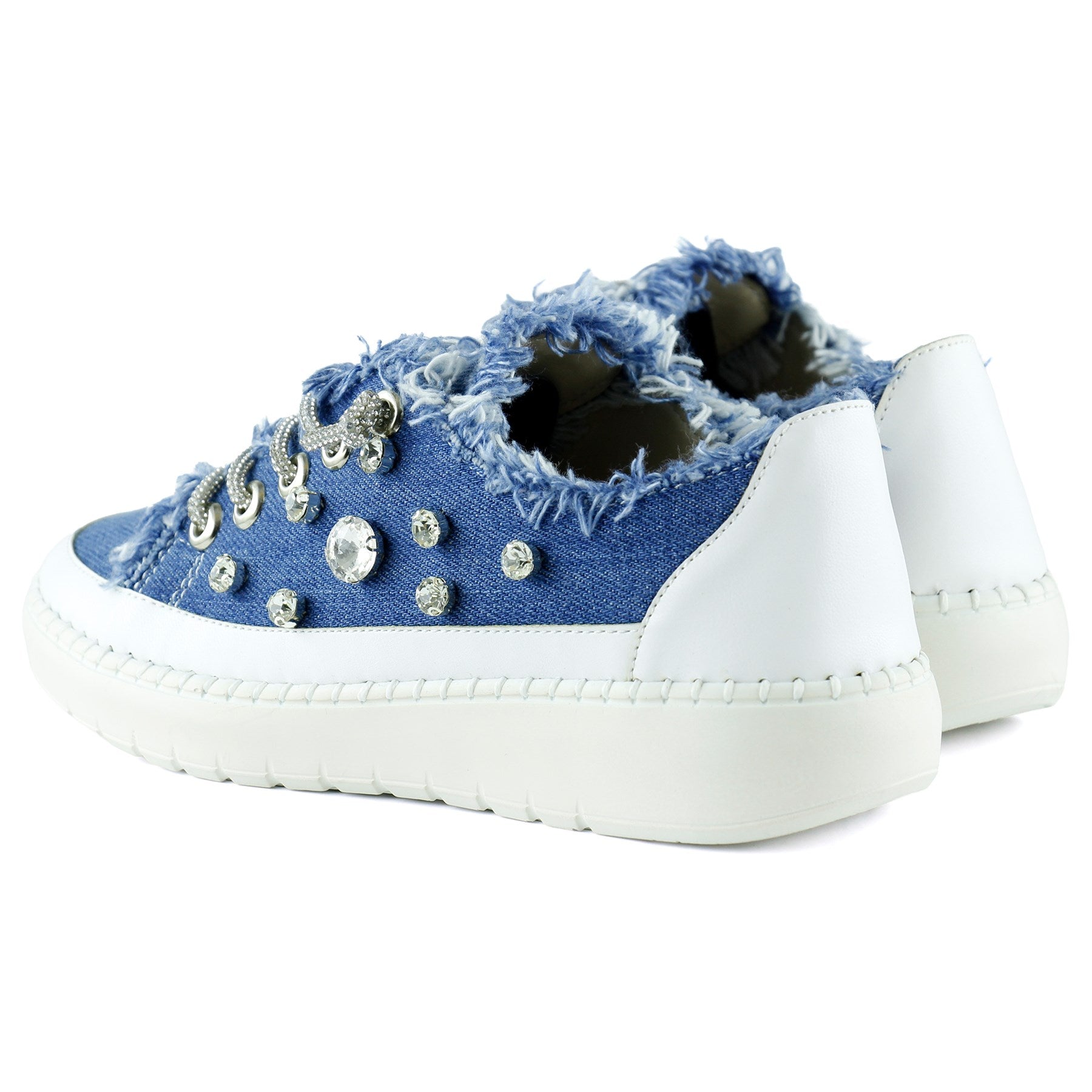 Valentina Mavi Denim Kristal Taşlı Gümüş Bağcıklı Sneaker