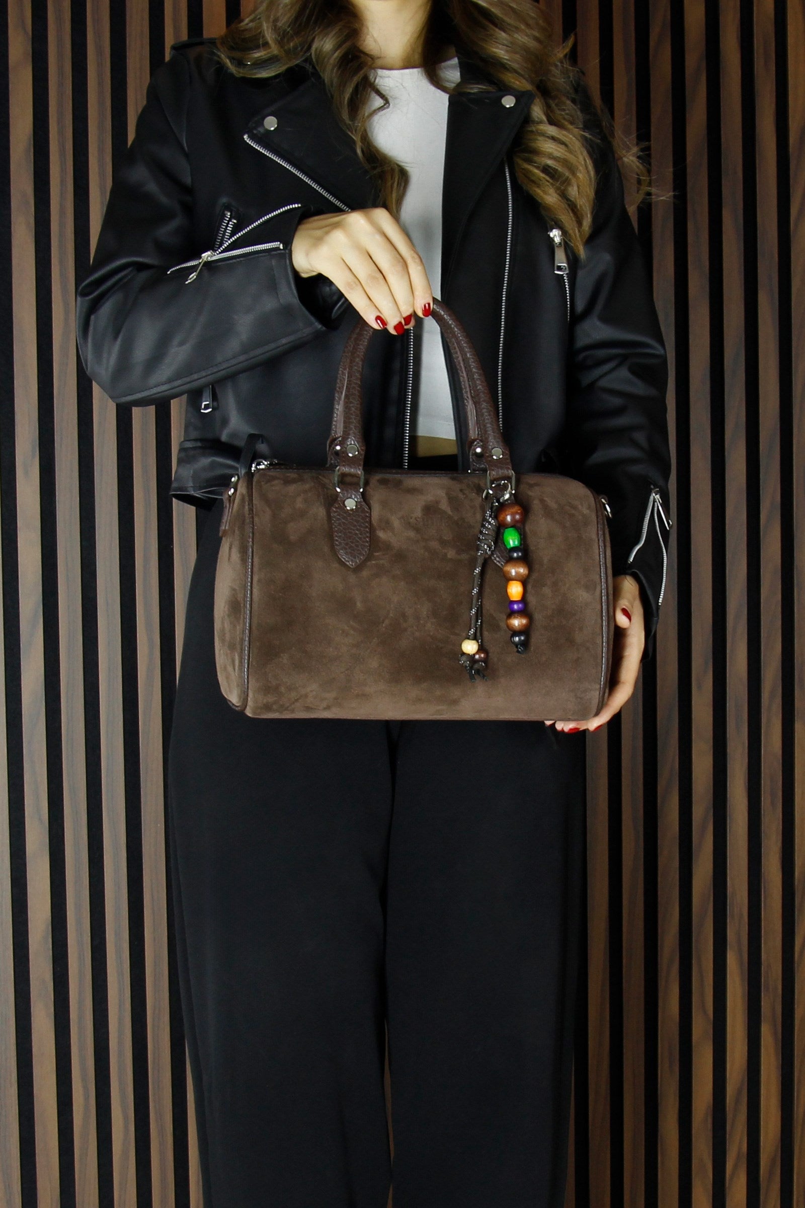 (VSN5011OC) Kahve Hakiki Dana Süet Fermuarlı İç Cepli Askılı Boncuk Aksesuarlı Günlük Büyük Boy Omuz Çantası