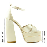 Celine Ten Saten Önü Açık Çapraz Bantlı Çift Platformlu Kalın Topuklu Abiye Ayakkabı