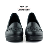 Shay Exclusives Siyah Hakiki Deri Çapraz Bant Detaylı İşlemeli Dolgu Topuklu Günlük Ayakkabı