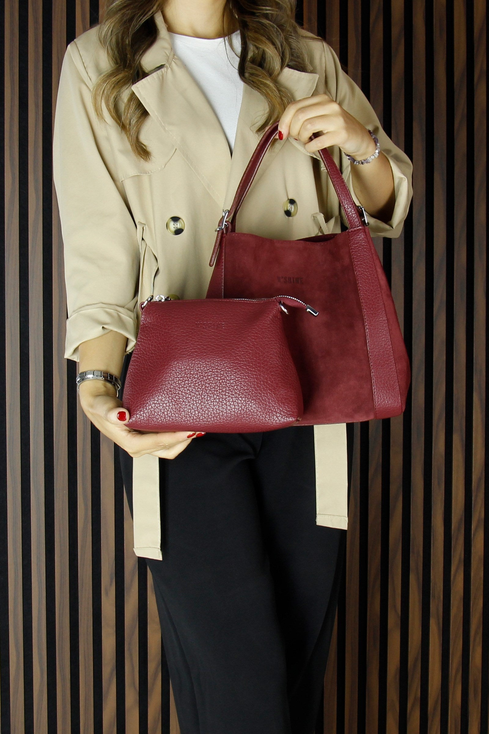 (VSN5012OC) Bordo Hakiki Dana Süet Manyetik Kapaklı Büyük Boy Günlük Omuz Çantası ve Askılı El Çantası