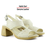 Ofelia Bej Hakiki Dana Derisi Delik Detaylı Tokalı Kalın Topuklu Rahat Günlük Sandalet