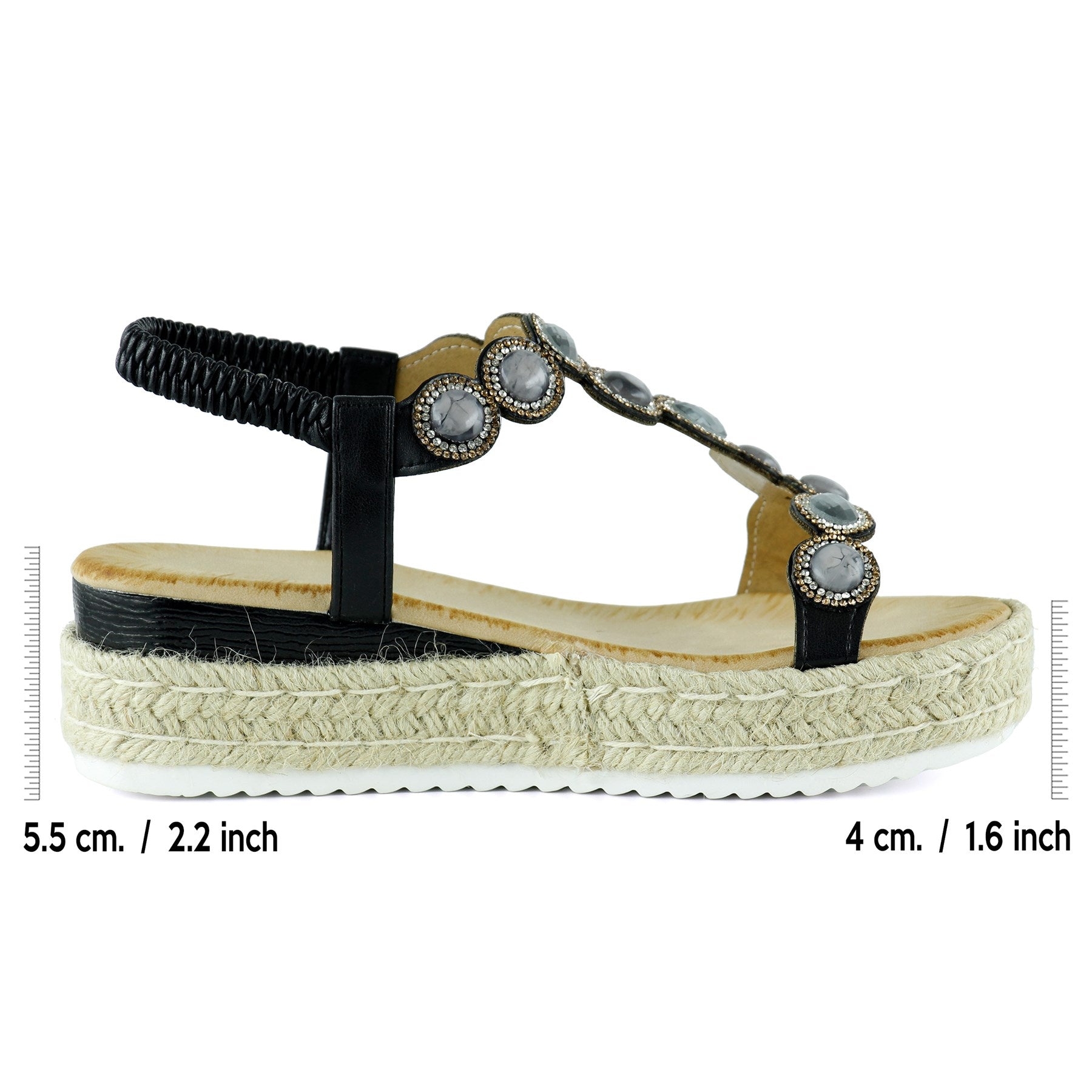 [7022] Siyah Kristal Taşlı Elastik Bantlı Zikzak Örgü Jüt Platform Topuklu Sandalet