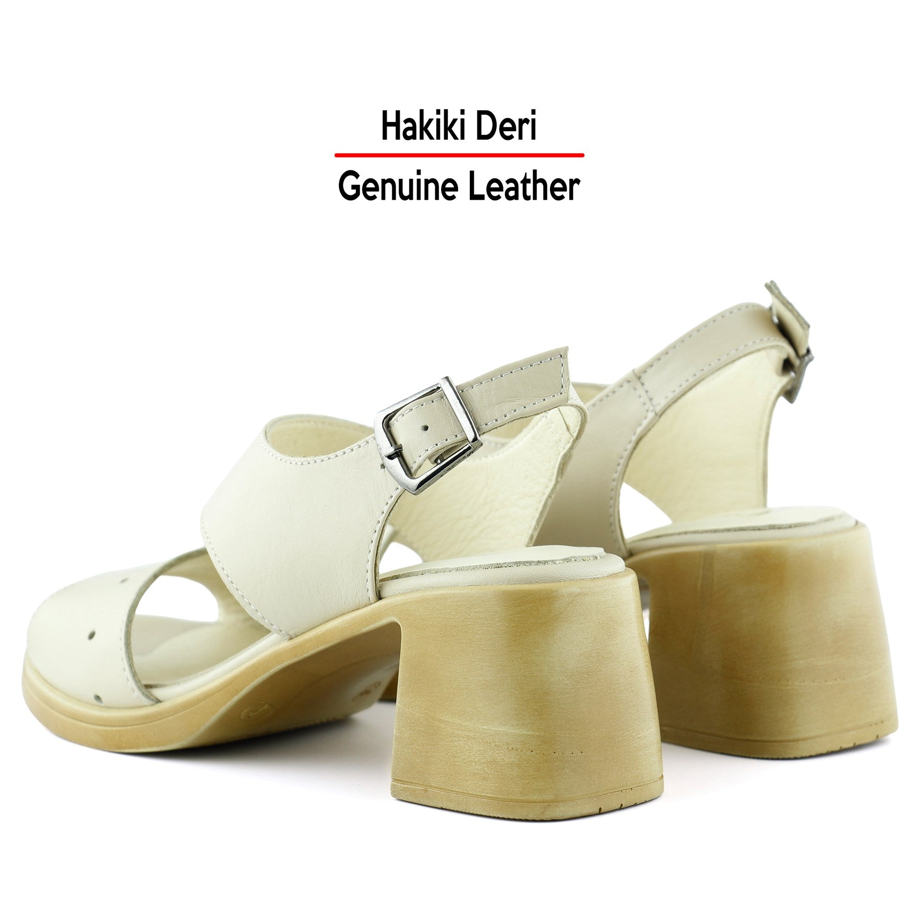 Ofelia Bej Hakiki Dana Derisi Delik Detaylı Tokalı Kalın Topuklu Rahat Günlük Sandalet