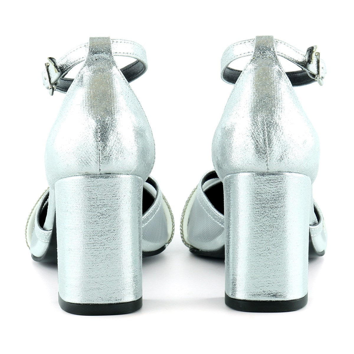 Molly Lame Taşlı Fileli Kalın Topuklu Ayakkabı