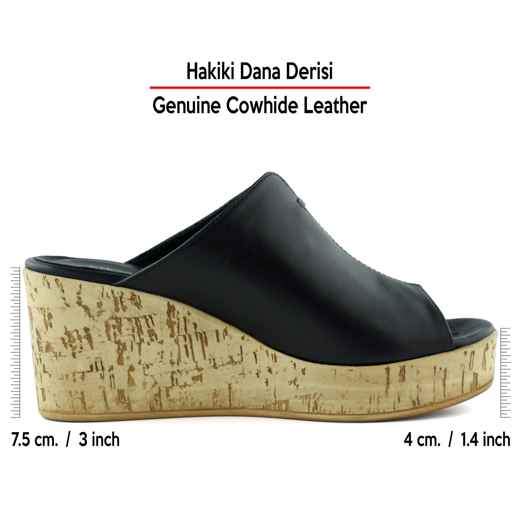 Mallery Siyah Hakiki Dana Derisi Önü Açık Mantar Taban Görünümlü Dolgu Topuklu Terlik