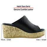 Mallery Siyah Hakiki Dana Derisi Önü Açık Mantar Taban Görünümlü Dolgu Topuklu Terlik