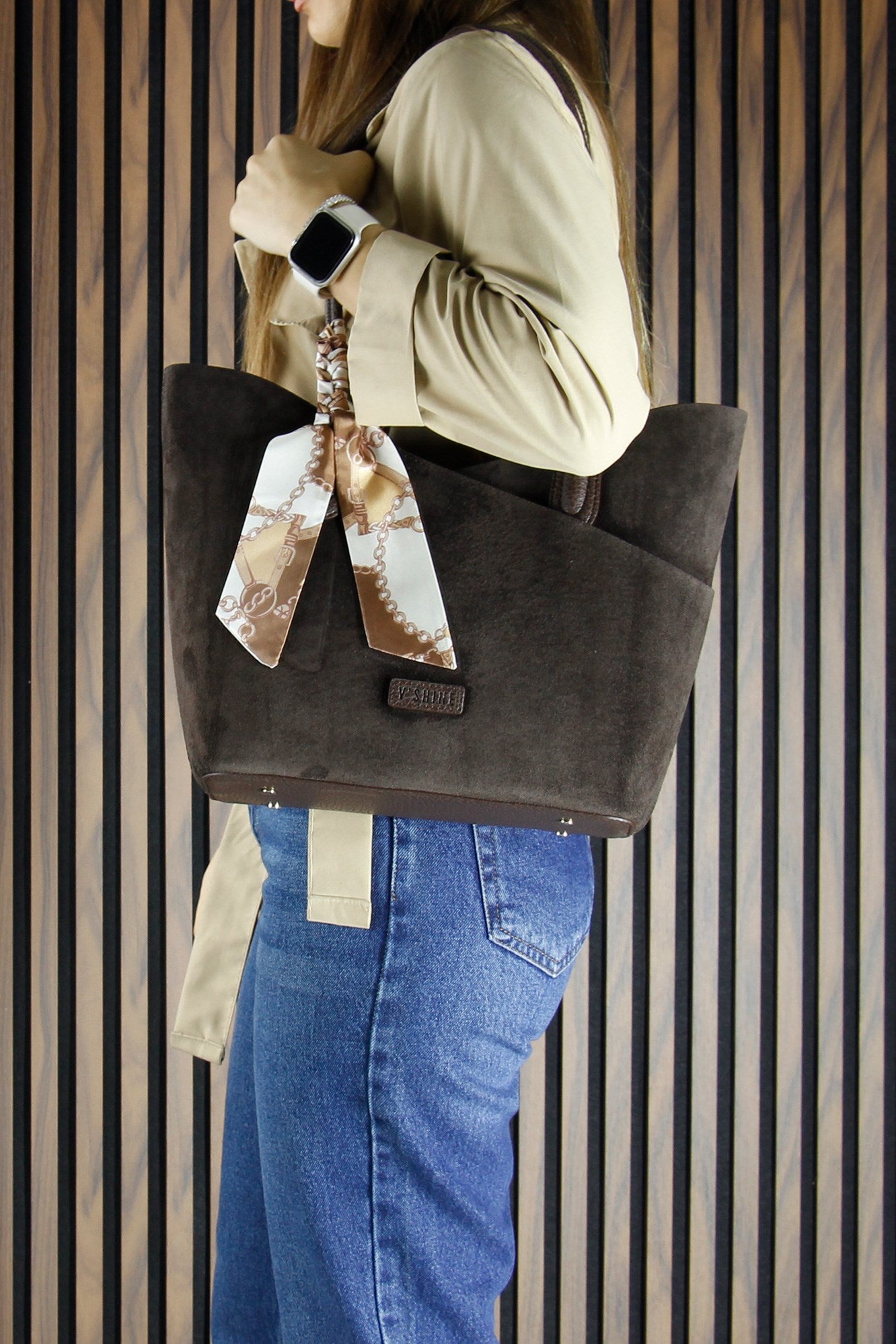 (VSN3094OC) Kahve Hakiki Dana Süet Manyetik Kapaklı Büyük Boy Günlük Omuz Çantası ve Askılı El Çantası