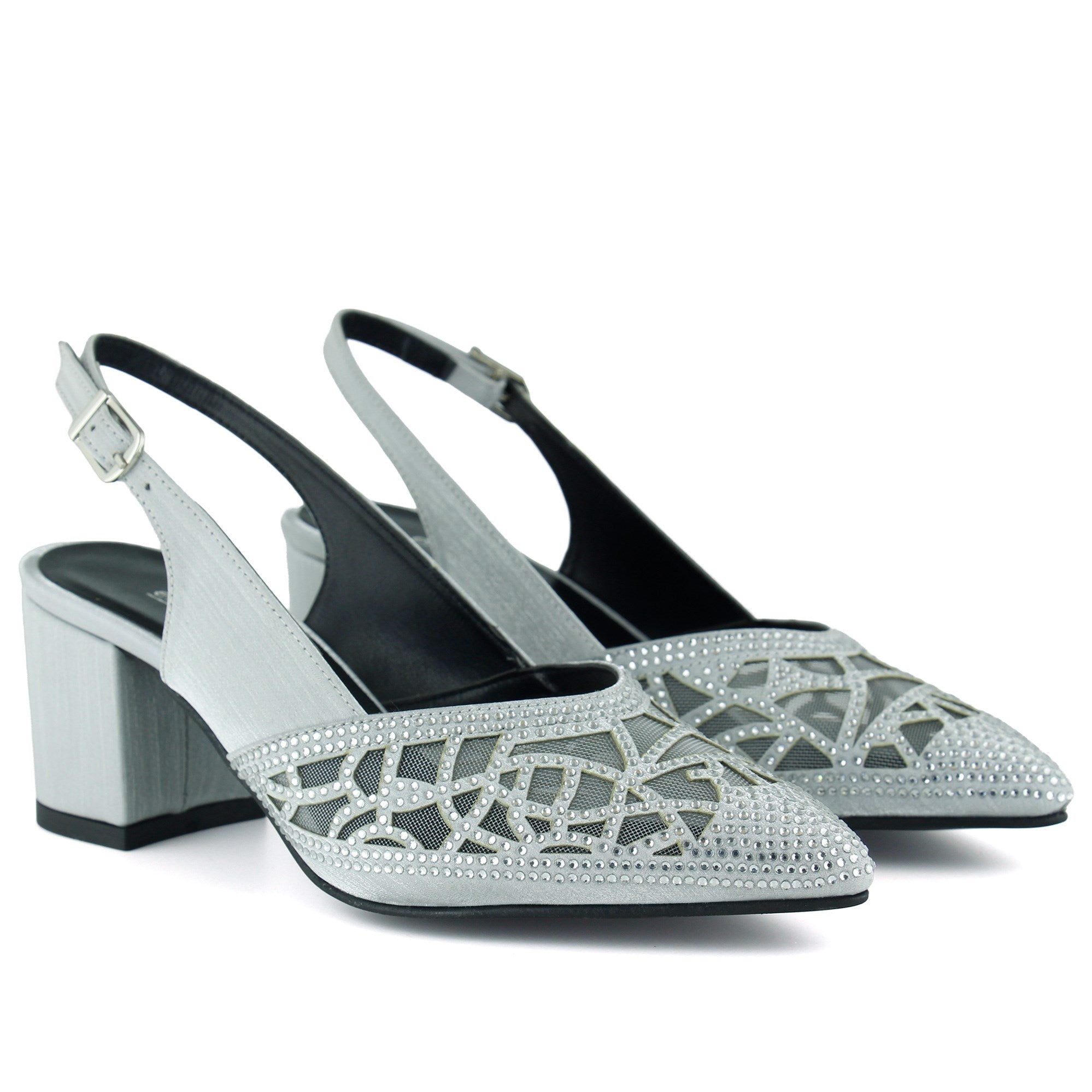 Estelle Gümüş Saten Taşlı Fileli Sivri Burun Kalın Topuklu Arkası Açık Abiye Ayakkabı