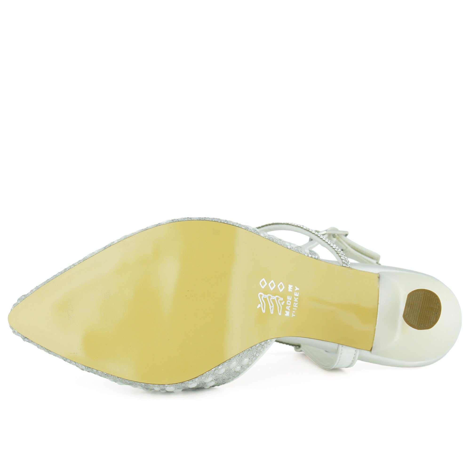 Perola İnci Beyaz Saten Taşlı İncili Arkası Açık Sivri Burun İnce Topuklu Abiye Gelin Ayakkabısı