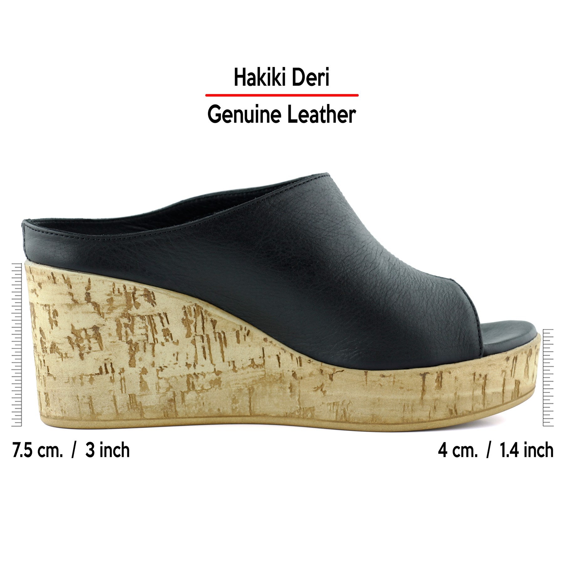 Drusilla Siyah Hakiki Deri Önü Açık Kesik Detaylı Mantar Taban Görünümlü Dolgu Topuklu Terlik