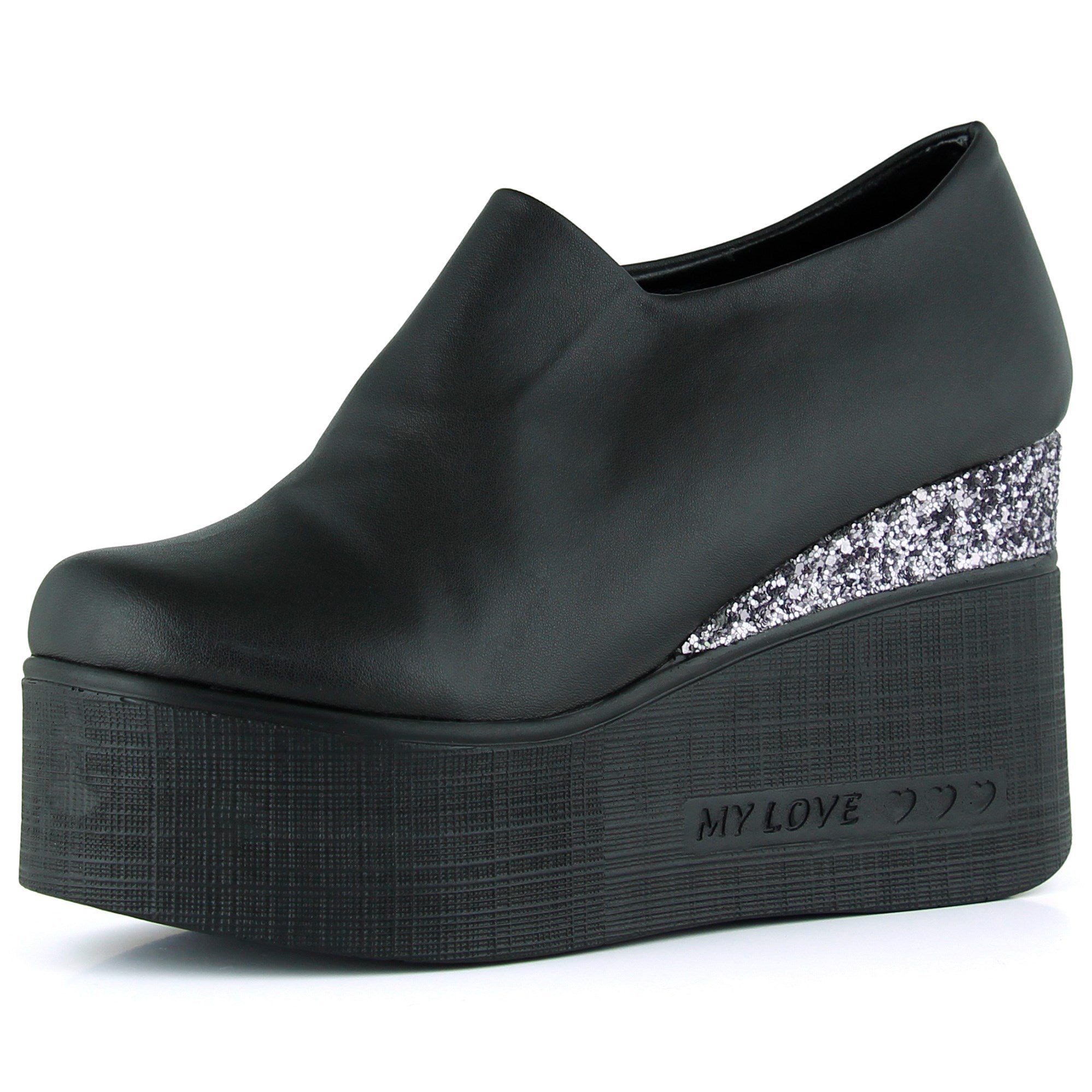 Lumi Siyah Vegan Yuvarlak Burun Taşlı Gizli Dolgu Topuklu Günlük Ayakkabı