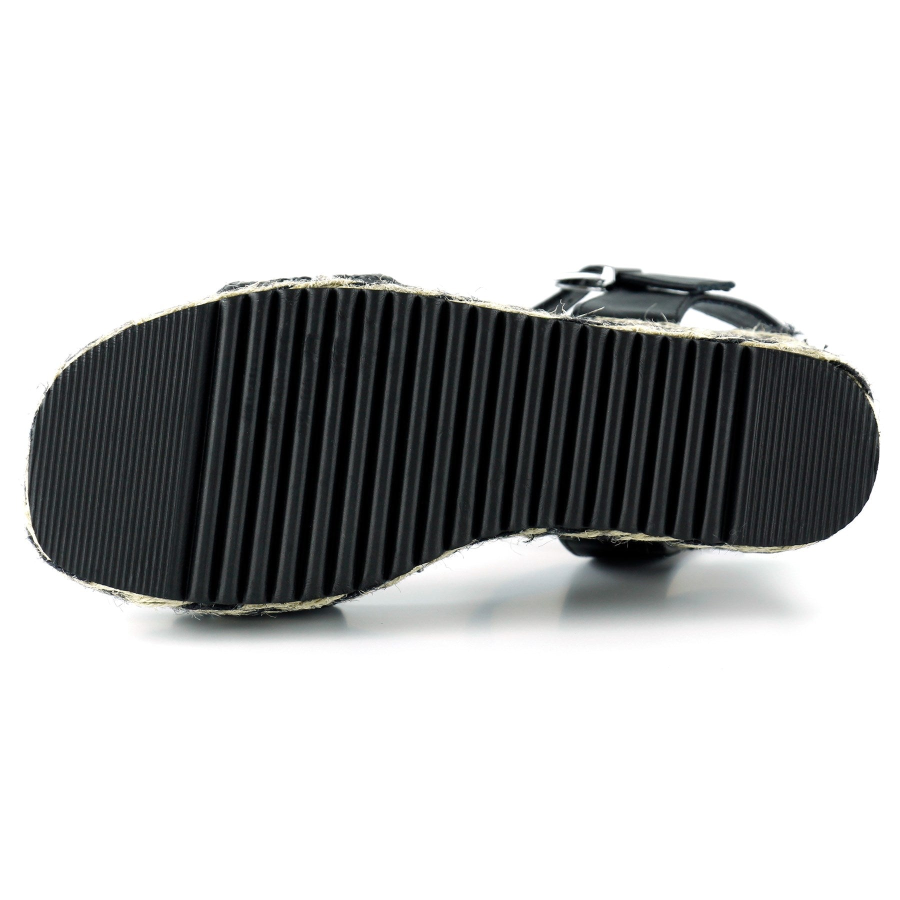 [7075] Siyah Kristal Taşlı İncili Sim Nakışlı Tokalı Zikzak Örgü Jüt Dolgu Topuklu Sandalet