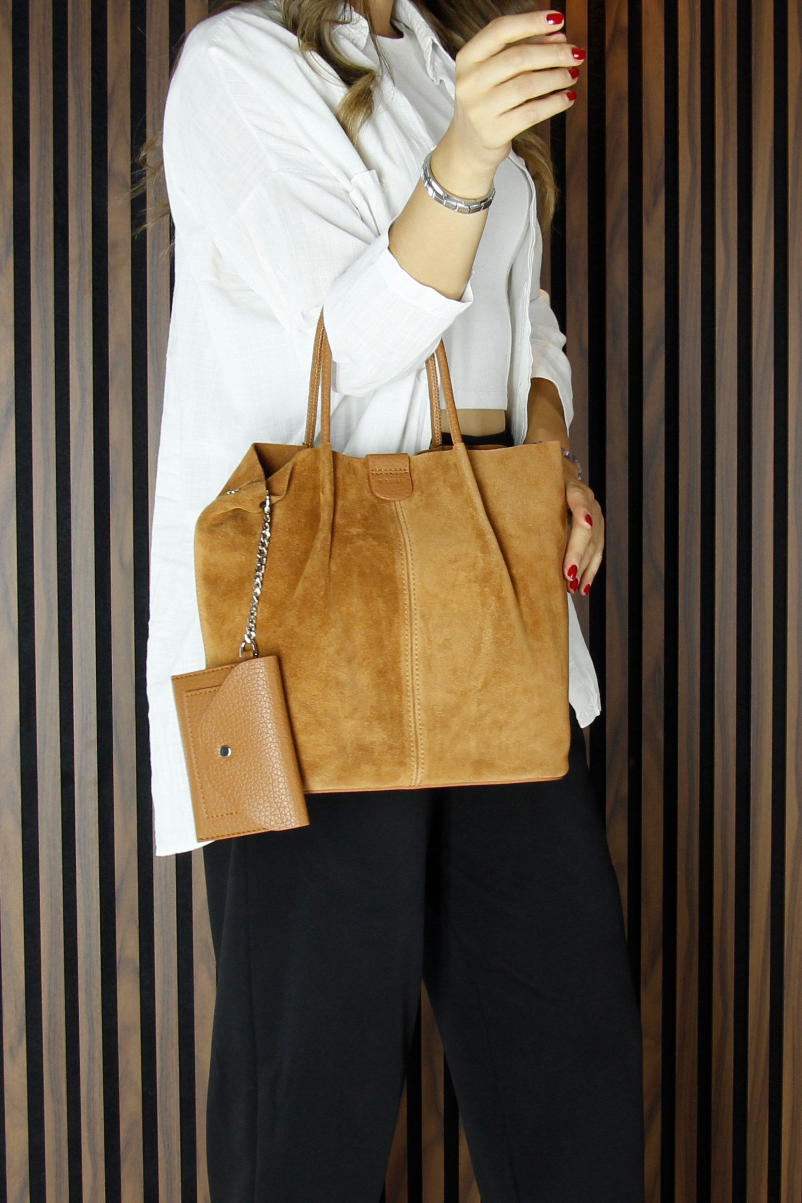 (VSN5010OC) Taba Hakiki Dana Süet Manyetik Kapaklı İç Cepli Askılı Günlük Büyük Boy Omuz Çantası ve Cüzdanı