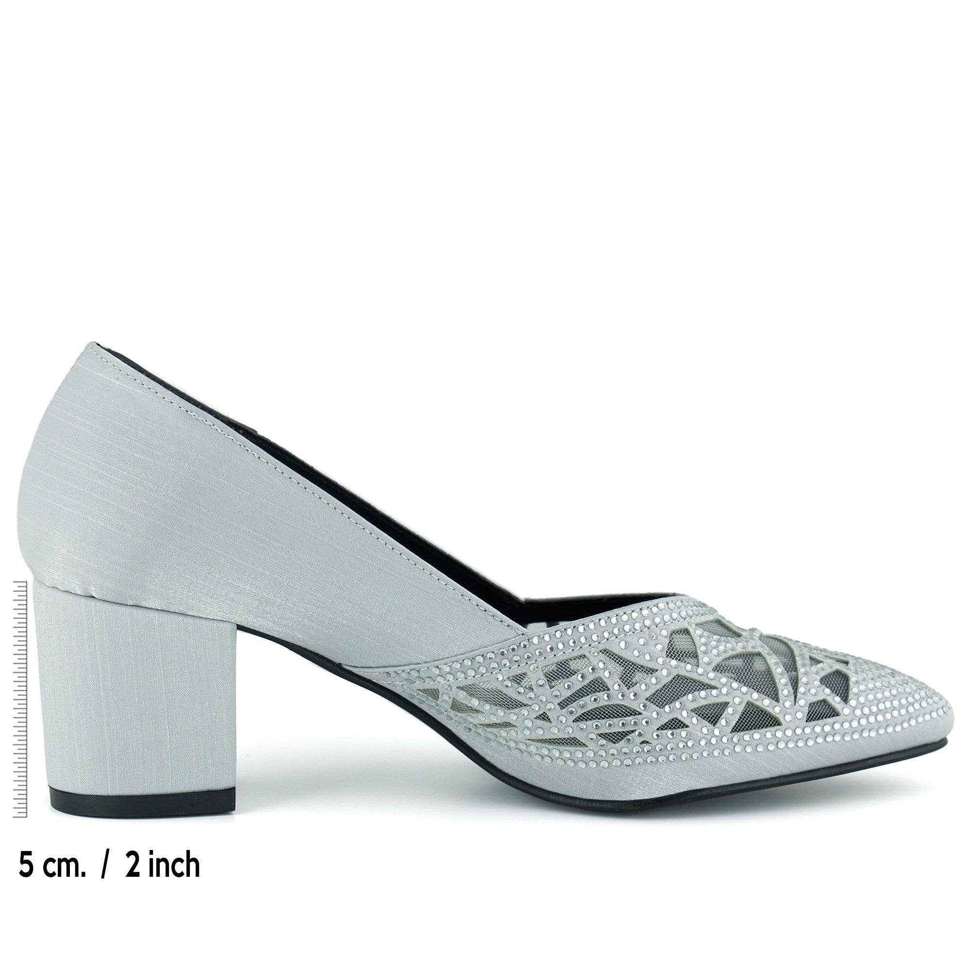 Patricia Gümüş Saten Taşlı Fileli Sivri Burun Kalın Topuklu Abiye Ayakkabı