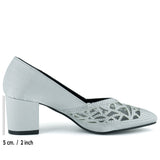 Patricia Gümüş Saten Taşlı Fileli Sivri Burun Kalın Topuklu Abiye Ayakkabı