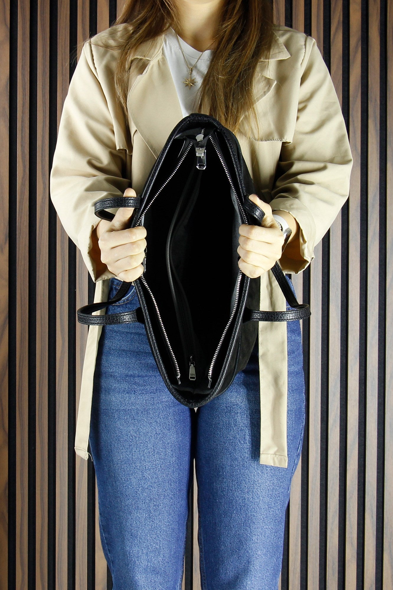 (VSN5018OC) Siyah Hakiki Dana Süet Fermuarlı Üç Bölmeli İç Cepli Büyük Boy Günlük Omuz Çantası