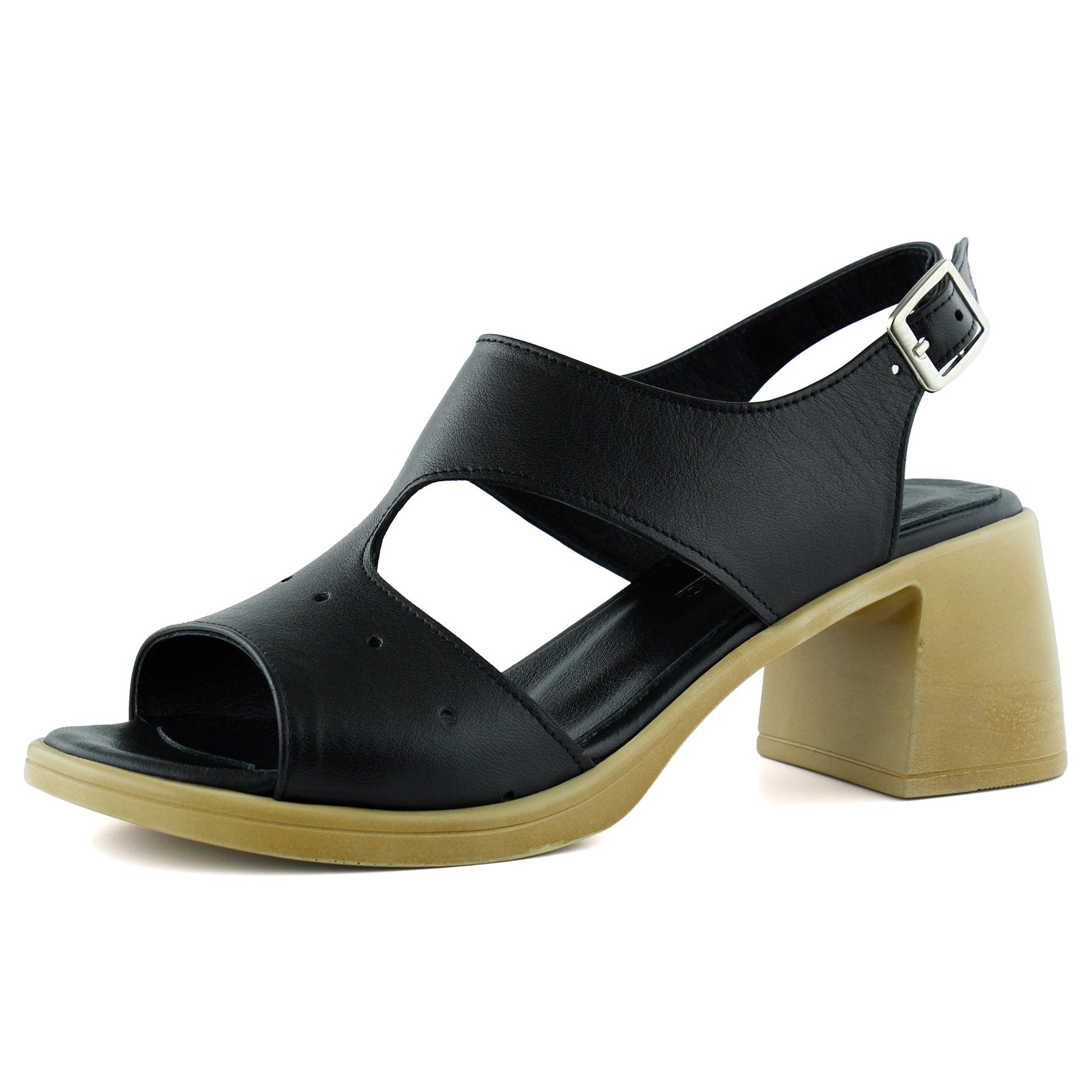 Ofelia Siyah Hakiki Dana Derisi Delik Detaylı Tokalı Kalın Topuklu Rahat Günlük Sandalet